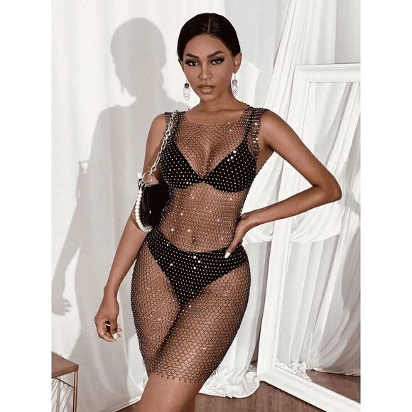 ✨ Rhinestone Crystal Diamond Fishnet Mesh Sheer Party Cover Up Dress L NWT - Picture 7 of 16